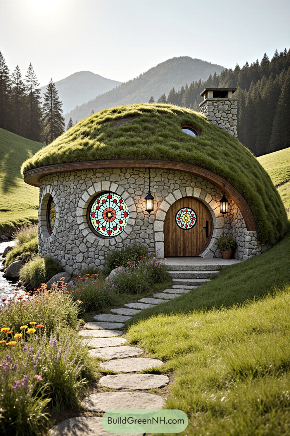Stone cottage with a grass roof and round stained glass windows
