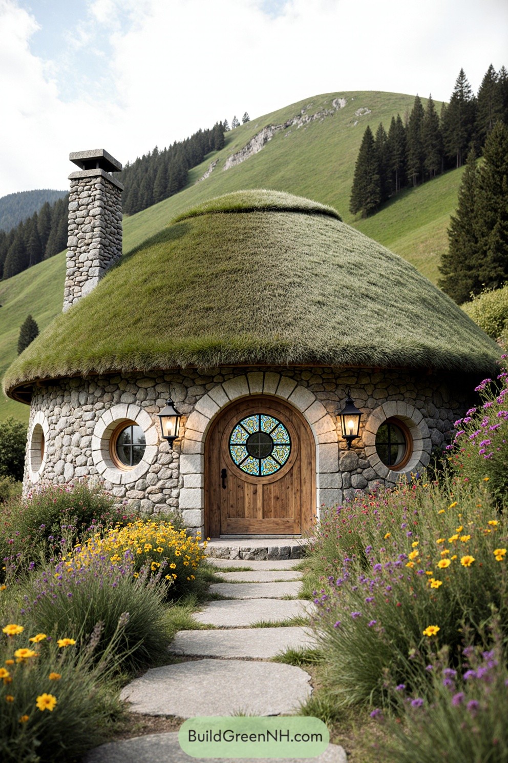 Fairytale cottage with stone walls and grass roof