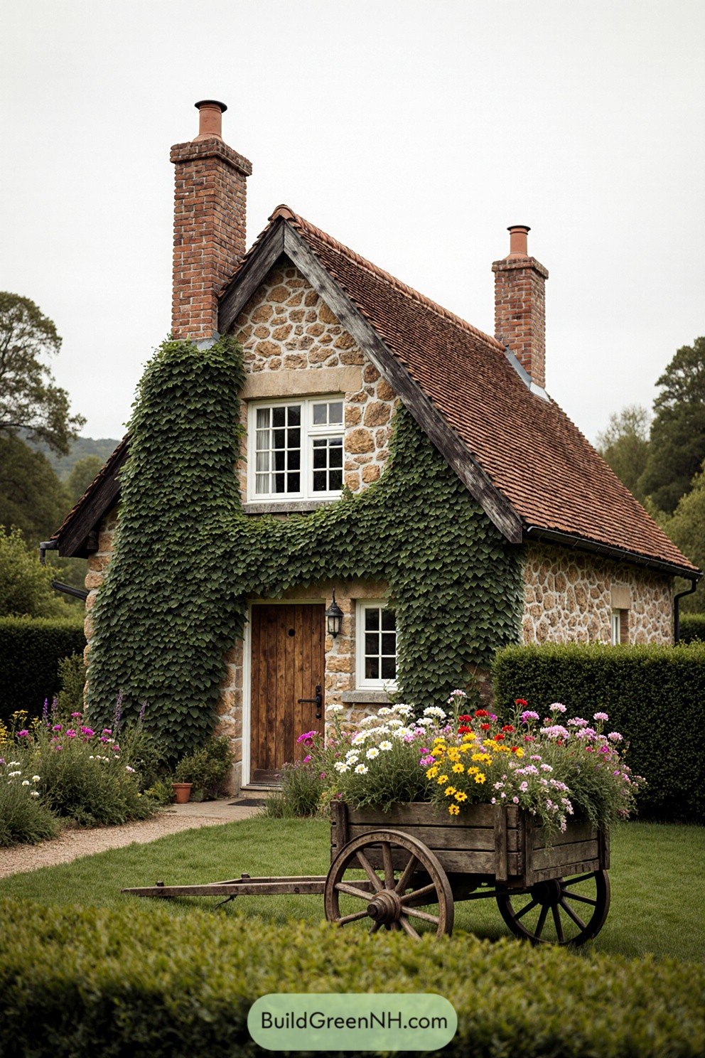 Cozy stone cottage with ivy and flowers