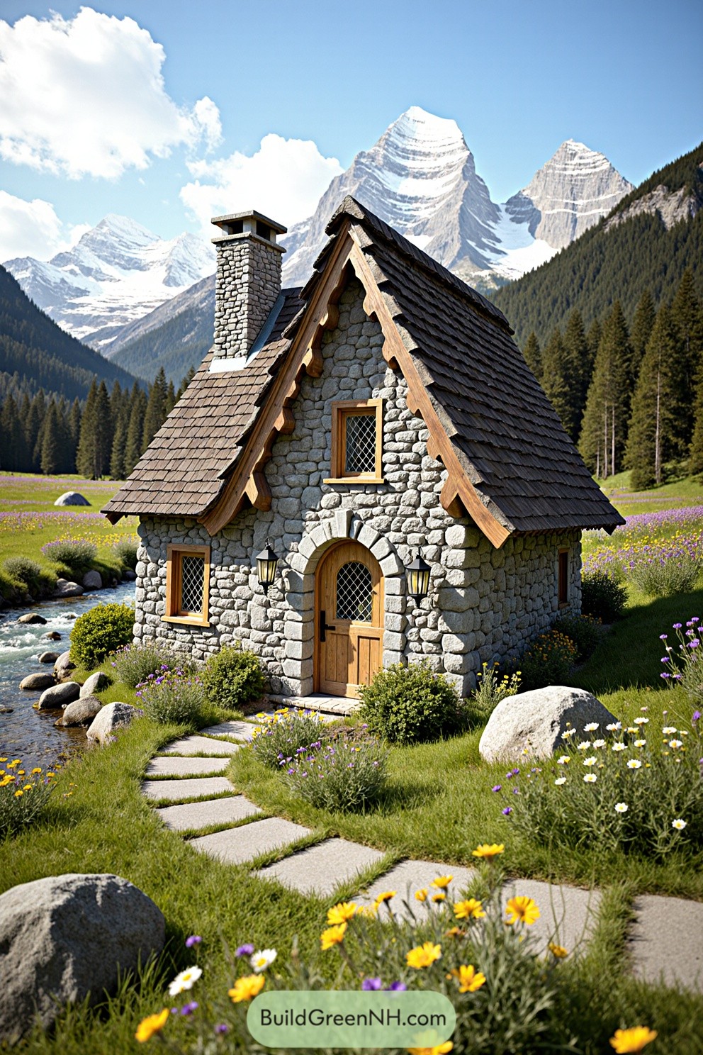 Charming stone cottage with mountain backdrop