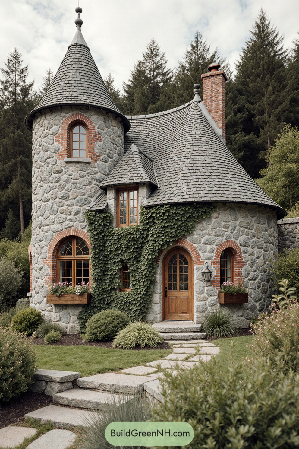 Stone cottage with turret and ivy-covered walls