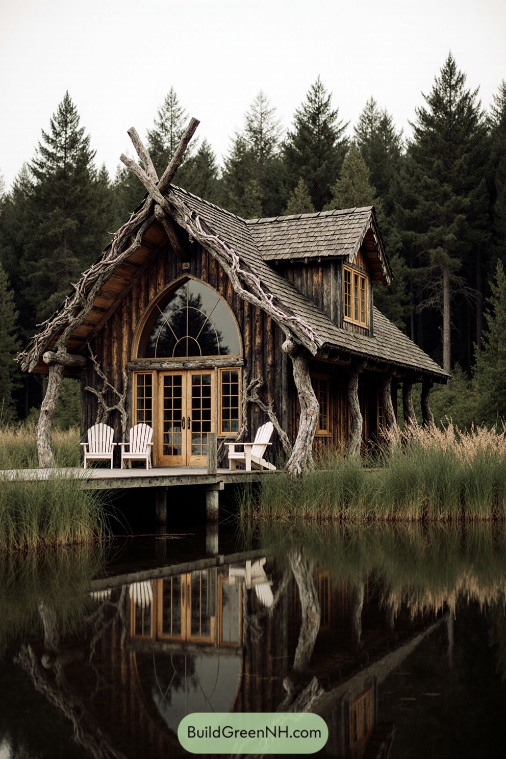 Charming wood cottage reflected in a still pond