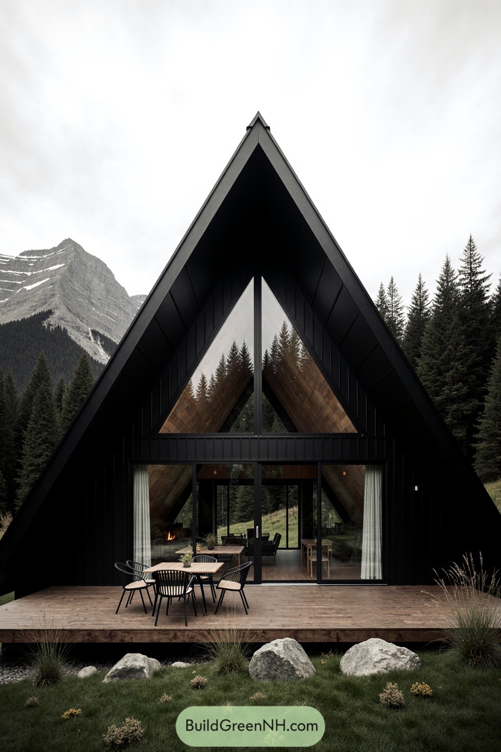 Modern A-frame cabin nestled among lush evergreens
