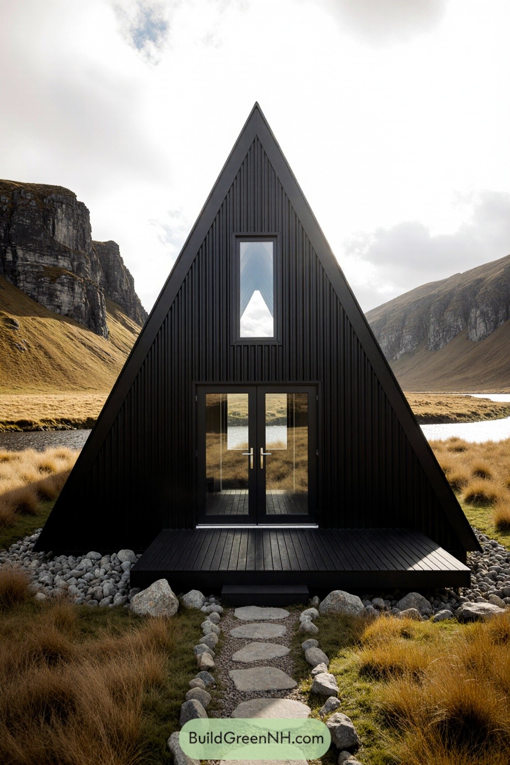 Sleek black A-frame cabin near dramatic cliffs