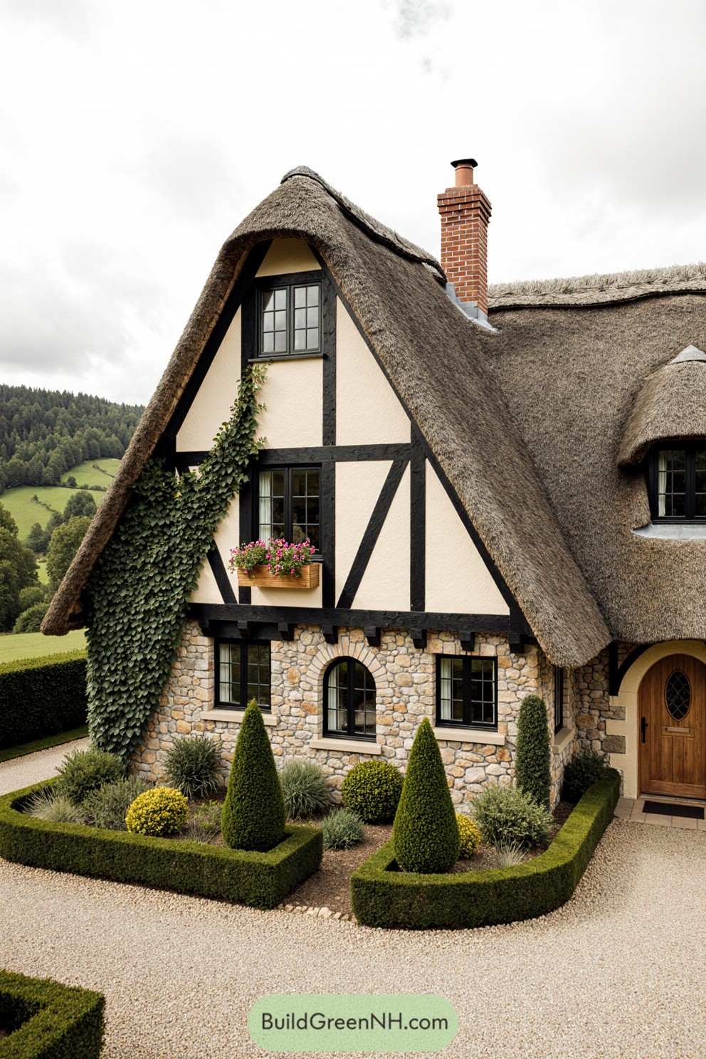 A charming thatched cottage with stonework and timber accents