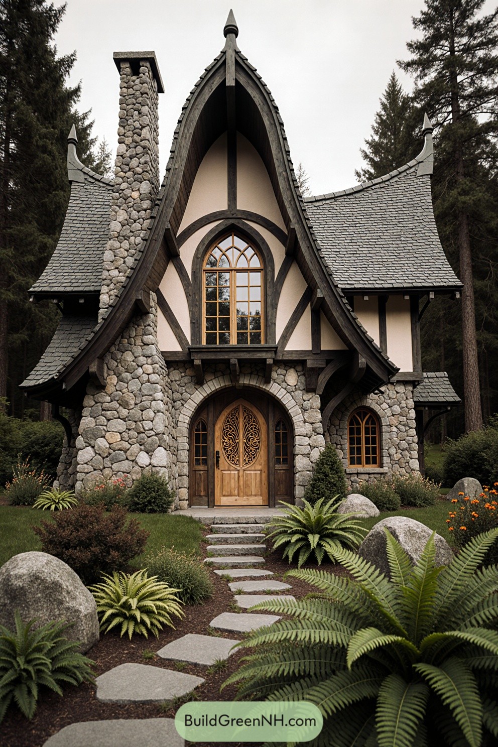 Stone cottage with whimsical arched roof and ornate wooden door