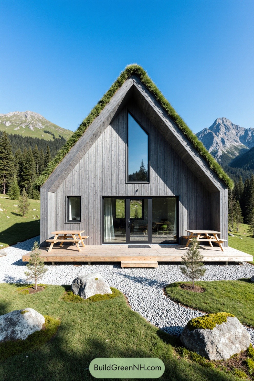 Modern cottage with green roof in mountainous landscape