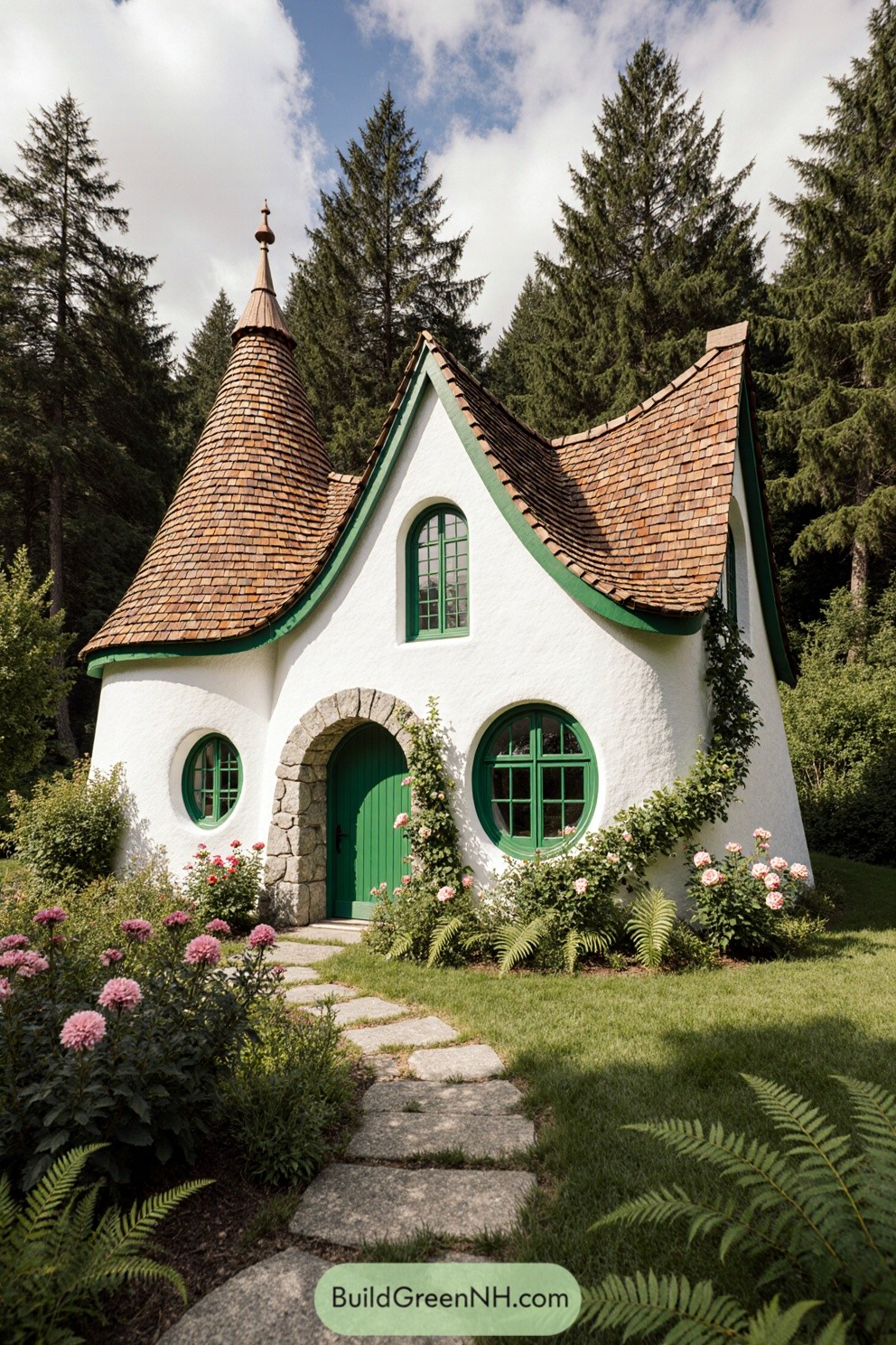 White cottage with a conical roof, green door, and lush garden nestled in the woods