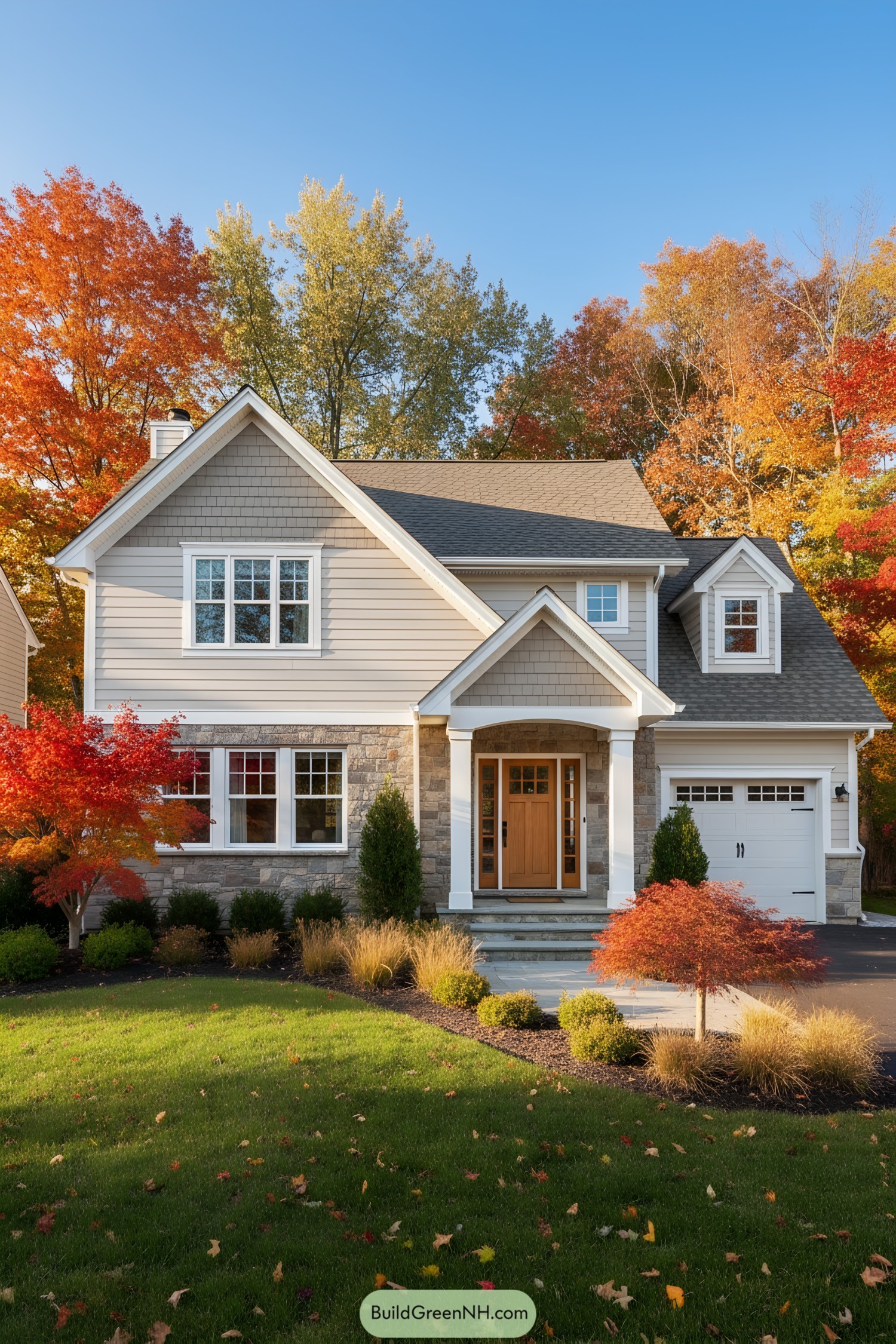 Two-story suburban house surrounded by vibrant fall trees