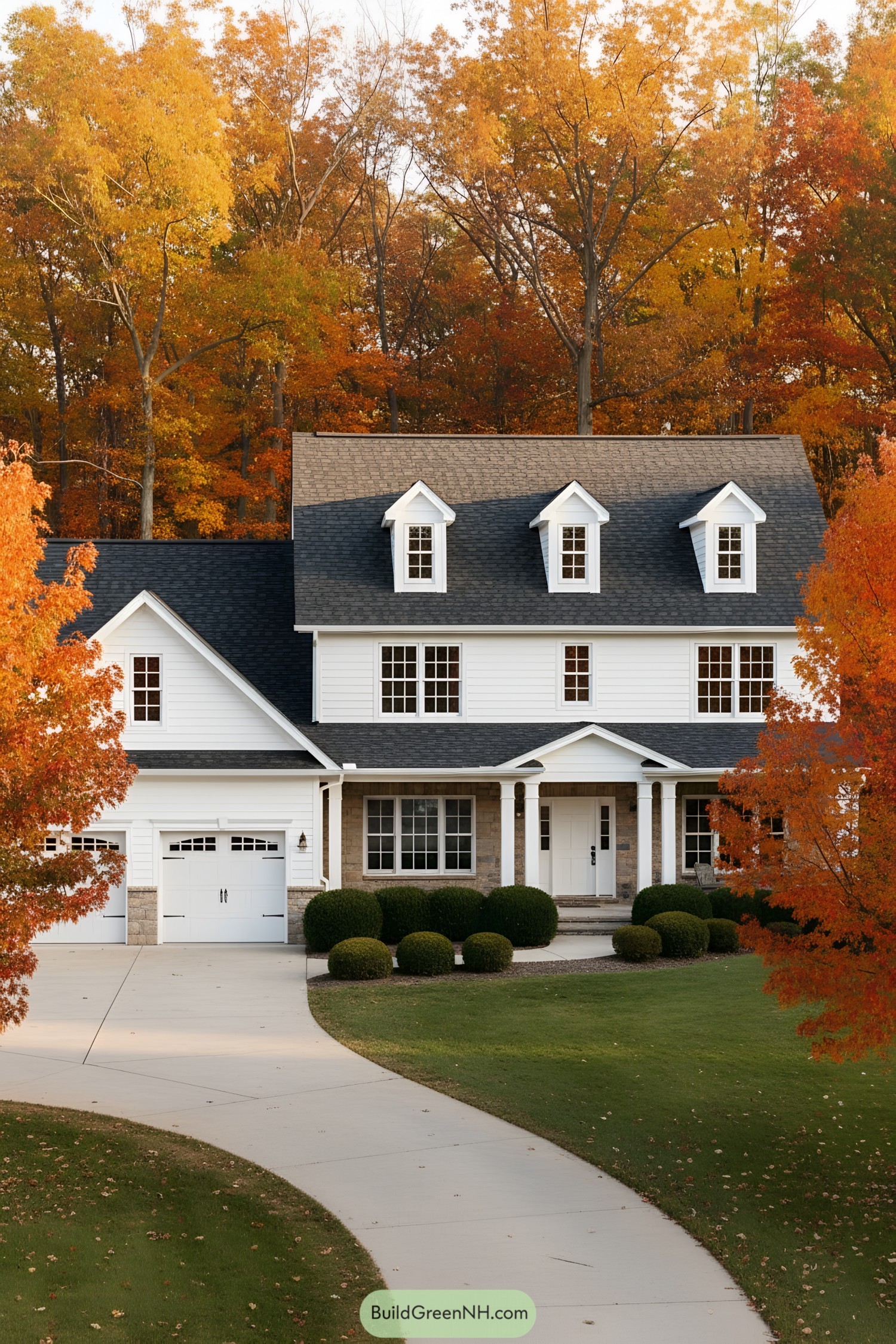 Stylish white house with dormer windows and fall foliage