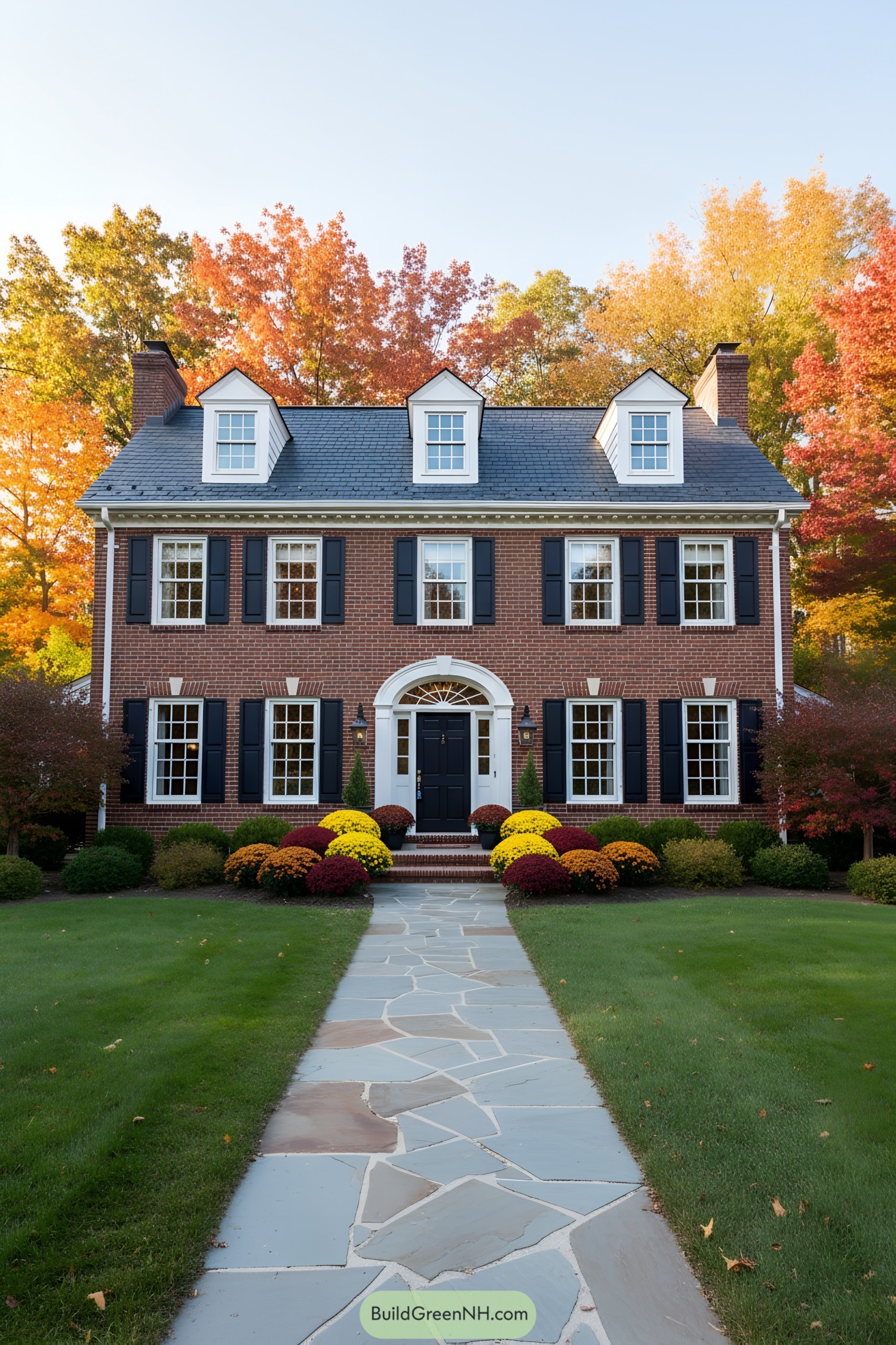 Classic brick suburban house with autumn foliage