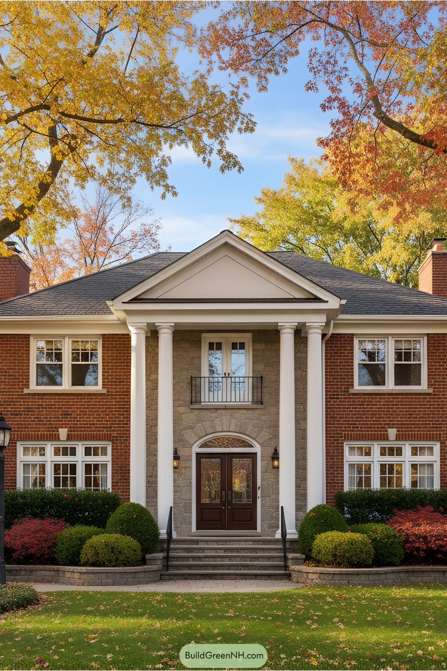 Brick suburban home surrounded by fall foliage