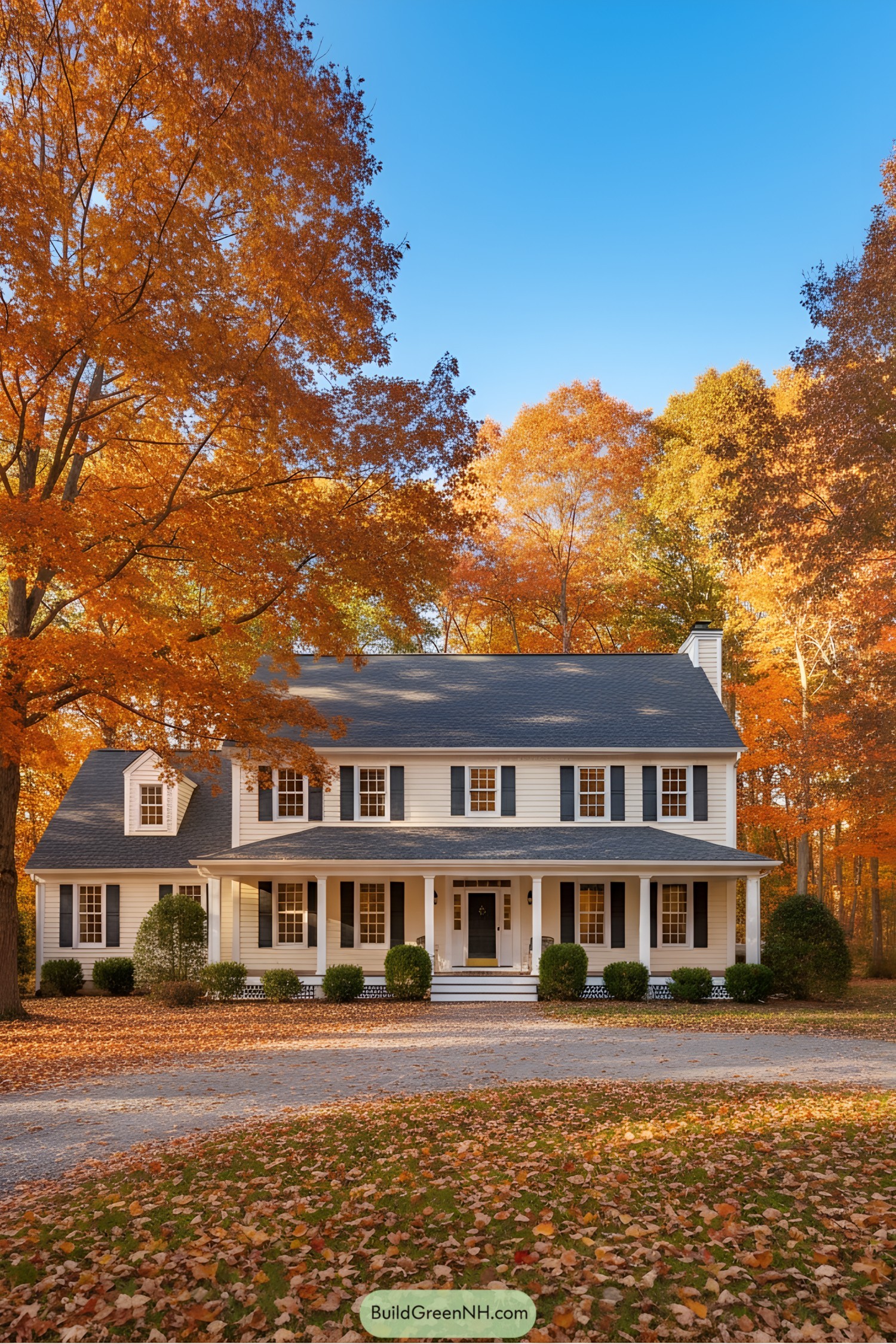 White suburban house surrounded by vibrant fall foliage