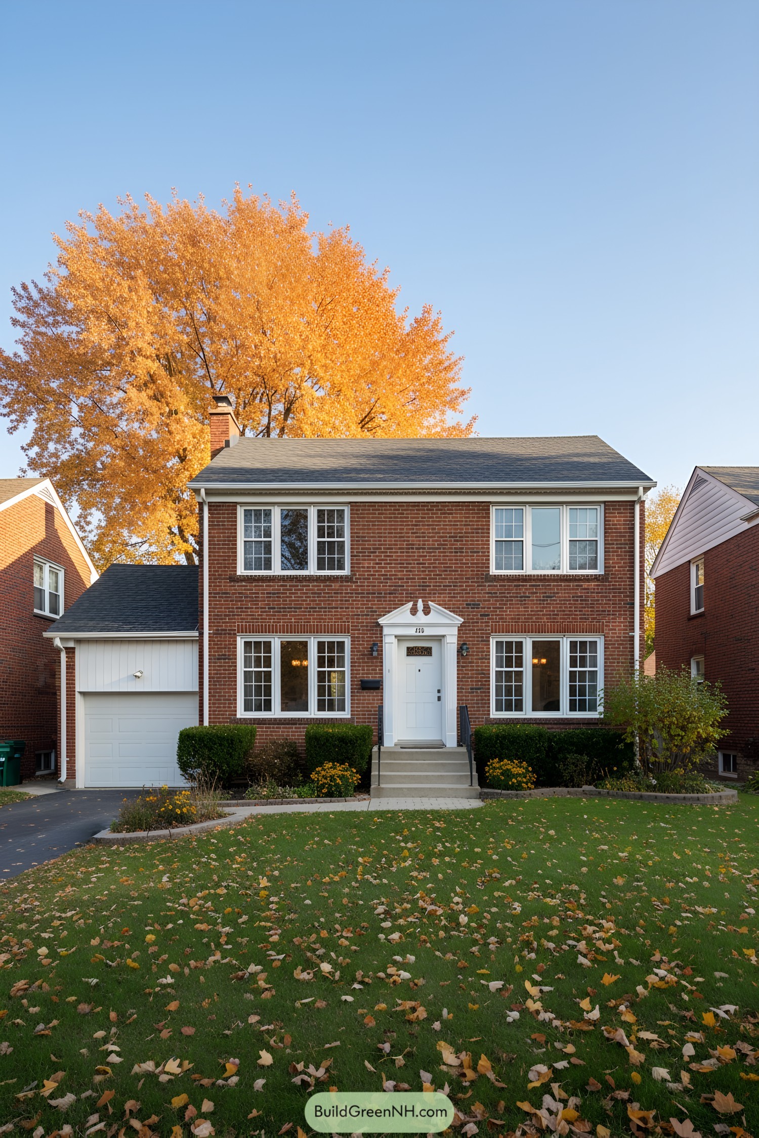 Charming brick house with autumn leaves