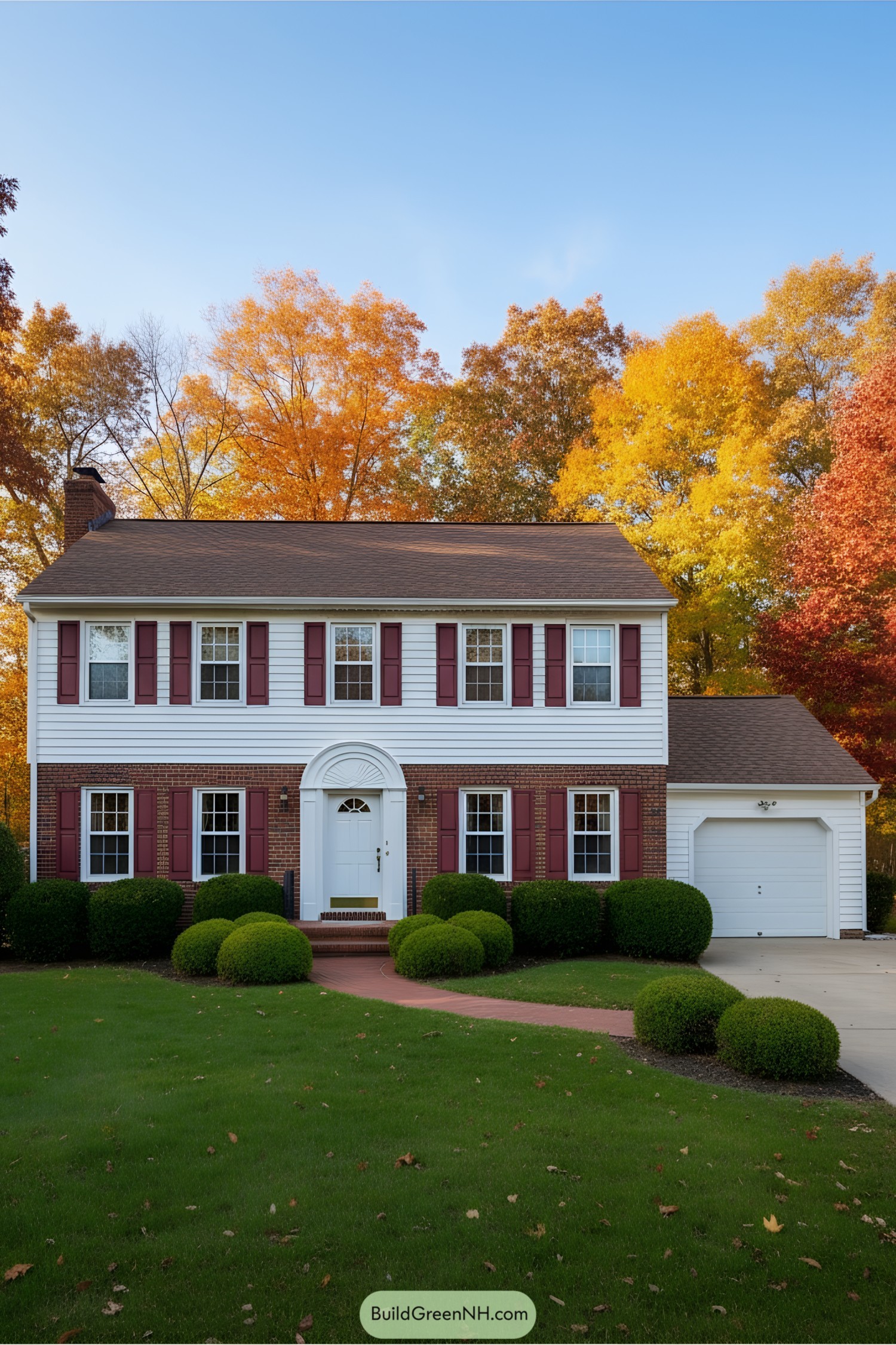 Charming suburban house with autumn trees in the background