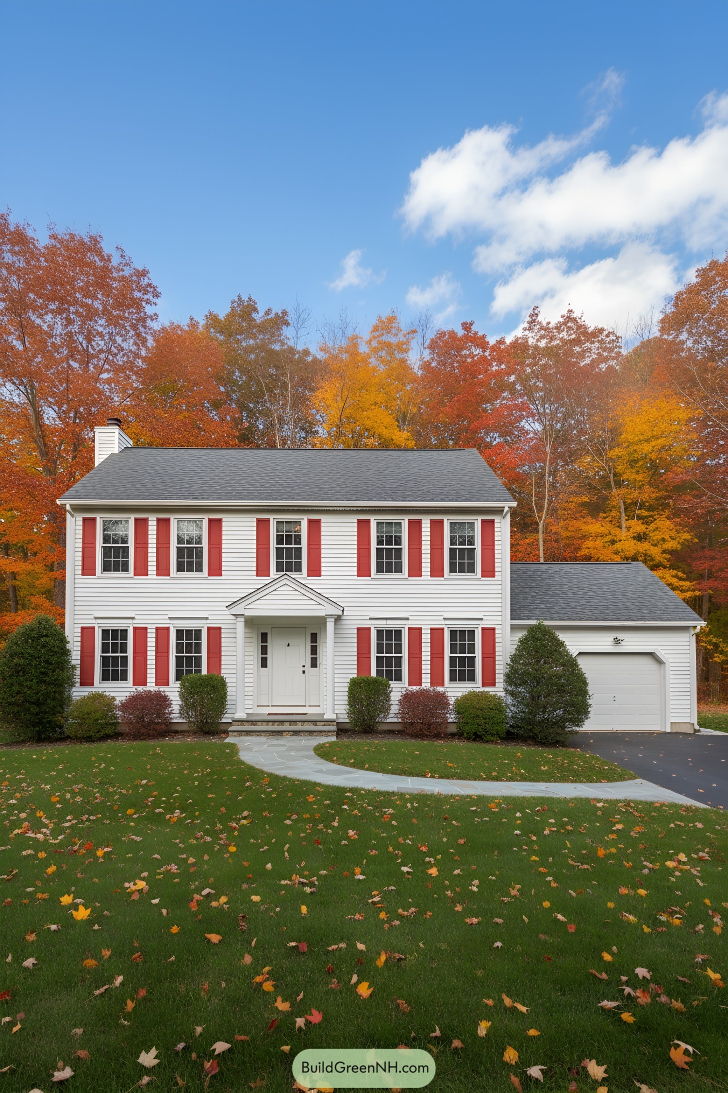 Classic suburban house with red shutters, surrounded by colorful autumn trees