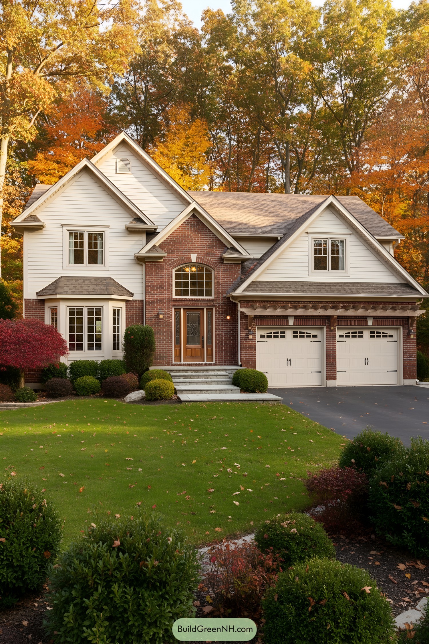 Classic suburban house surrounded by vibrant fall foliage