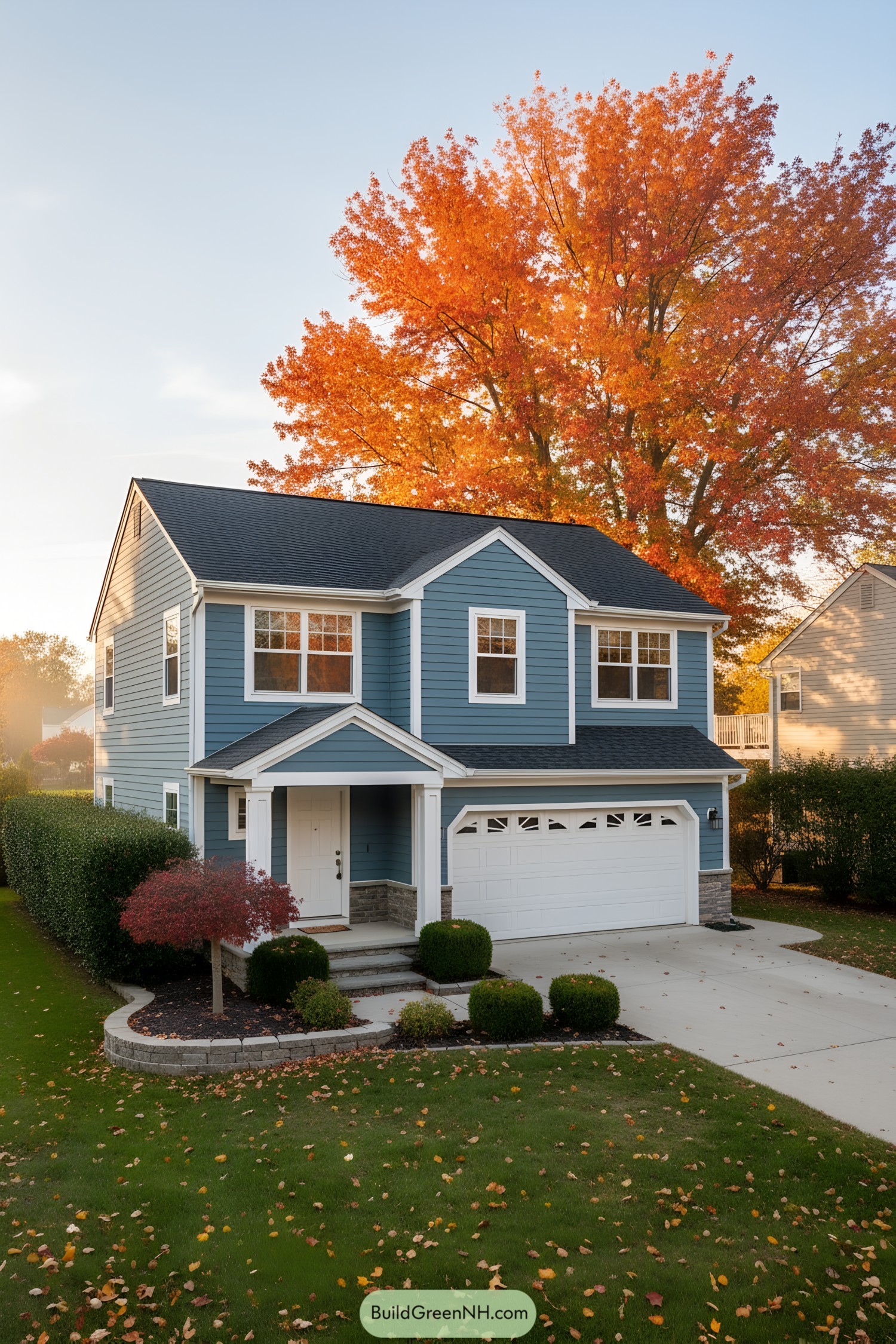 Charming blue house with vibrant autumn tree in the background