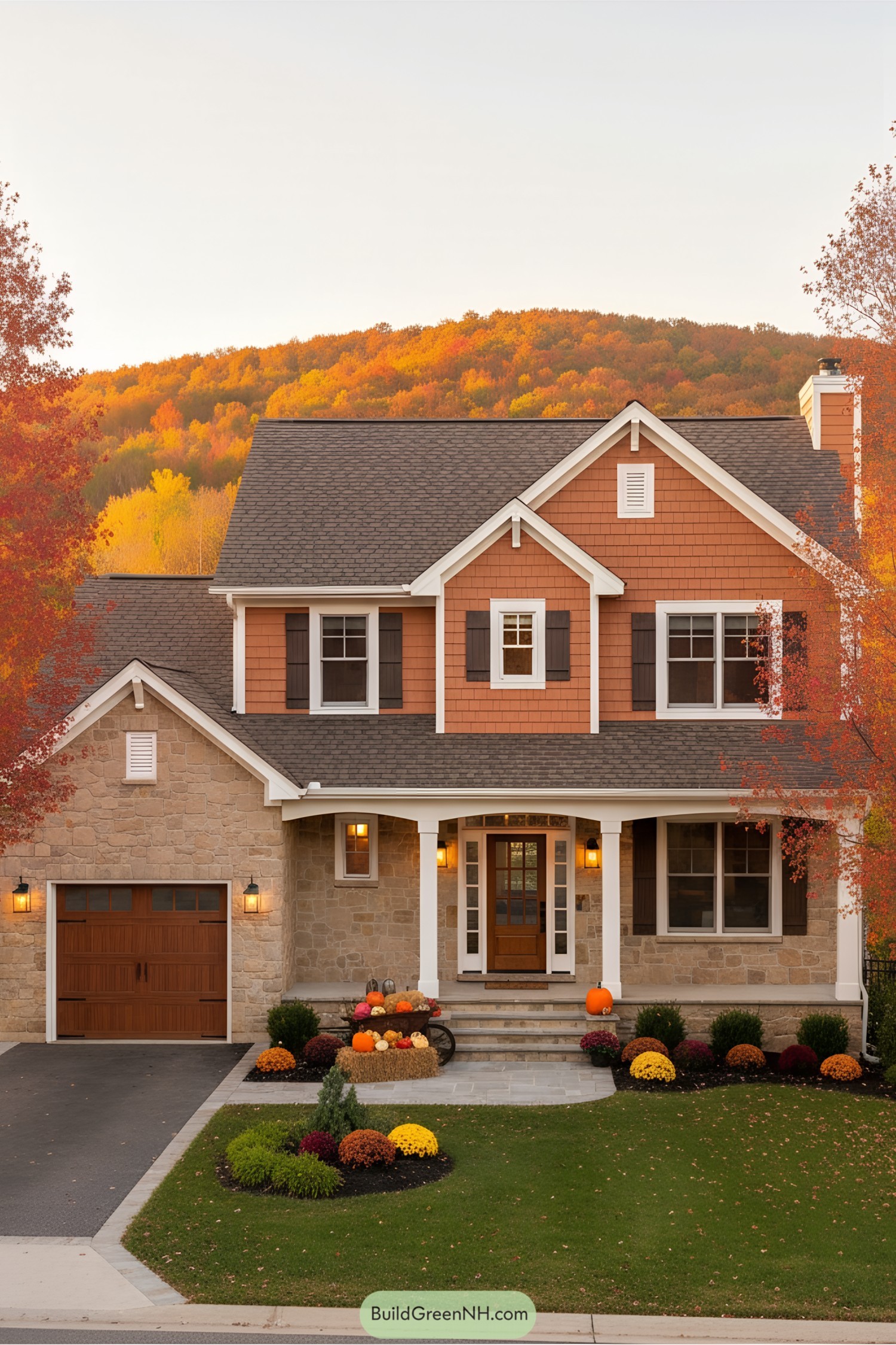 Charming suburban house surrounded by vibrant fall foliage