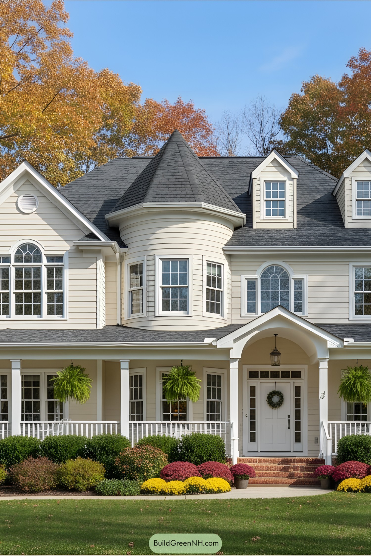 Traditional suburban house with fall foliage