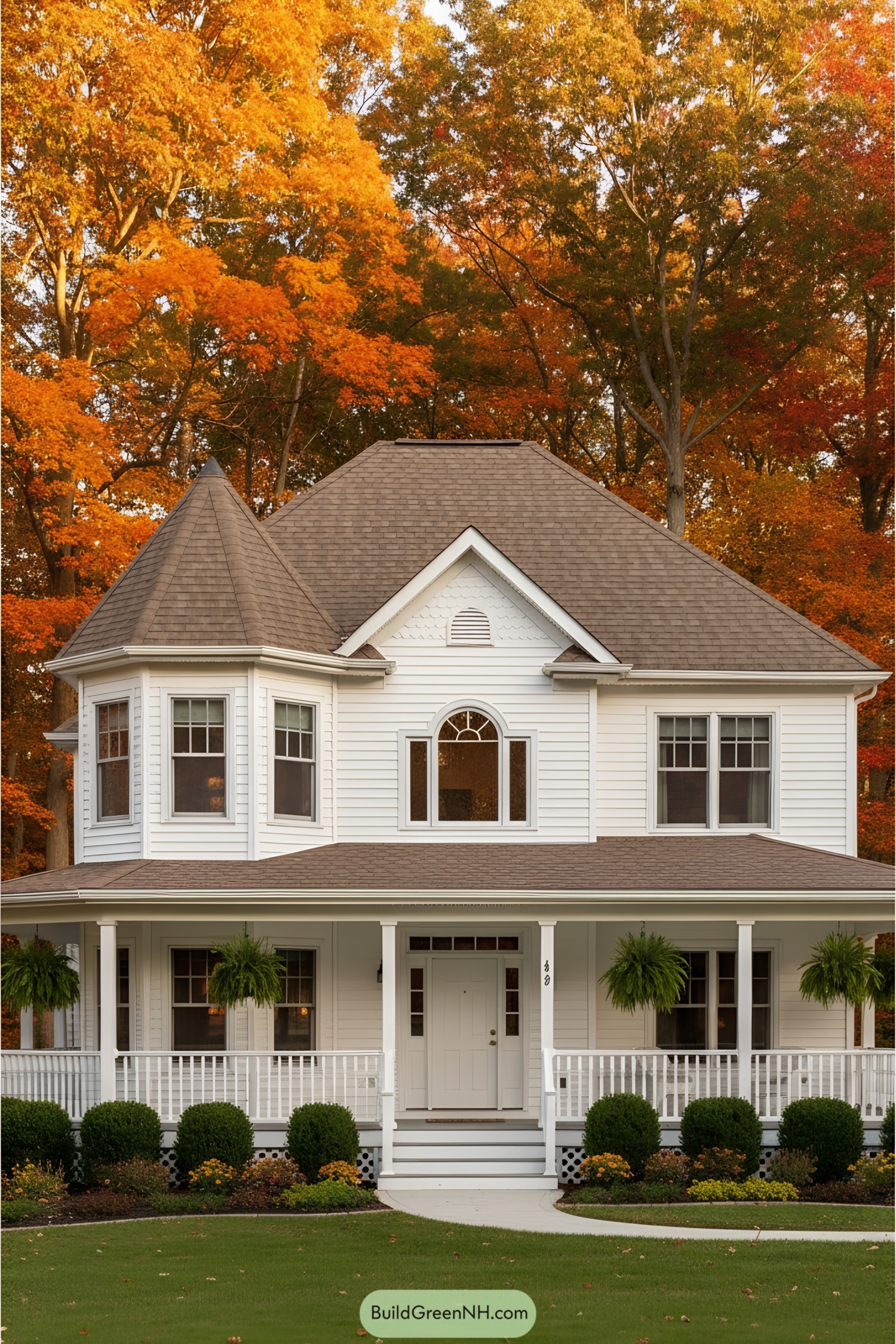 Victorian-style white house with wraparound porch surrounded by vibrant fall foliage