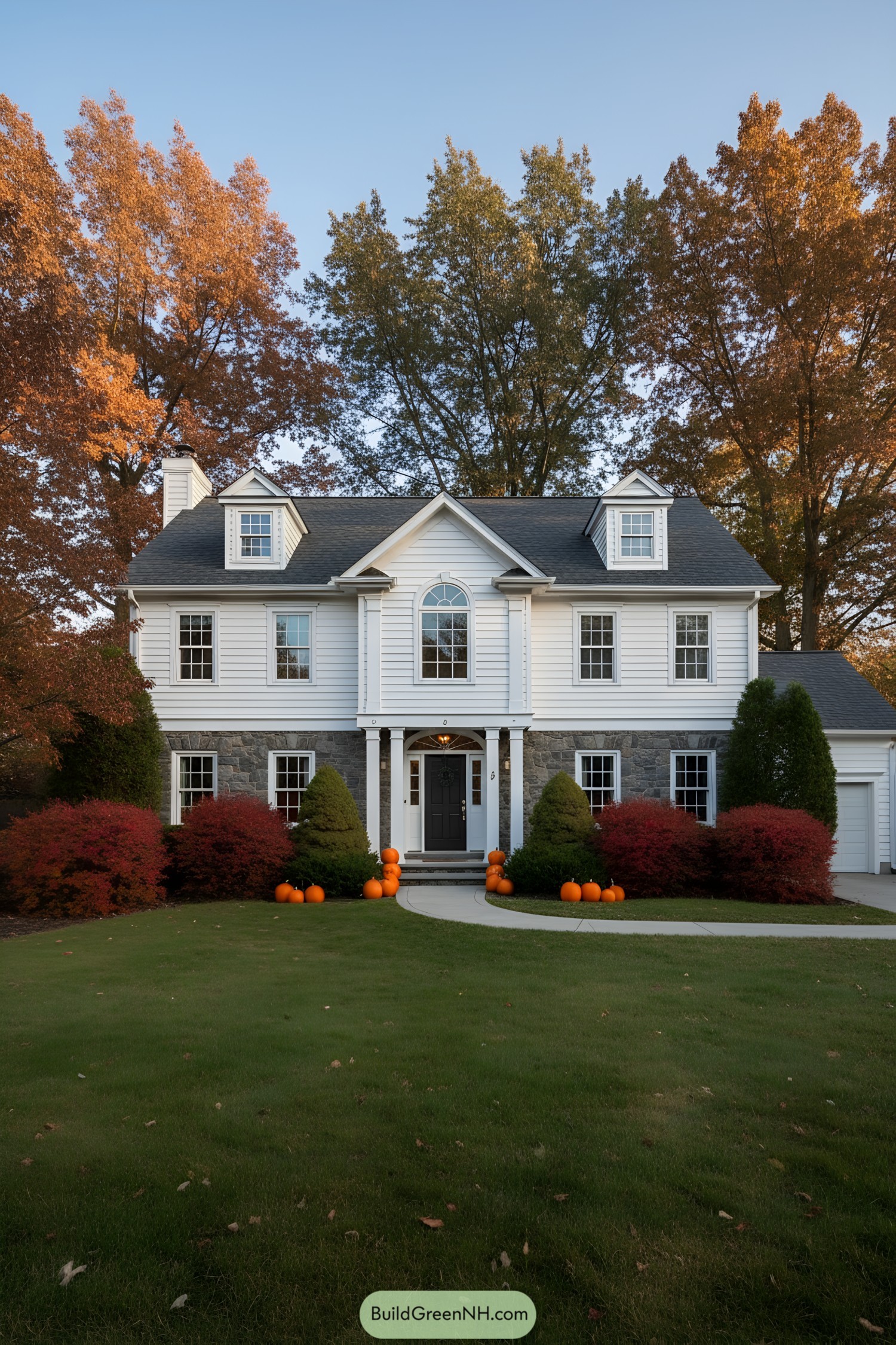 White colonial house with pumpkins and autumn trees