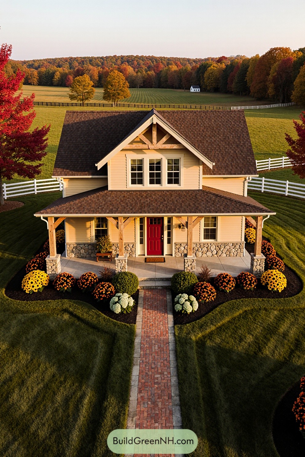 Cozy New England farmhouse surrounded by autumn foliage