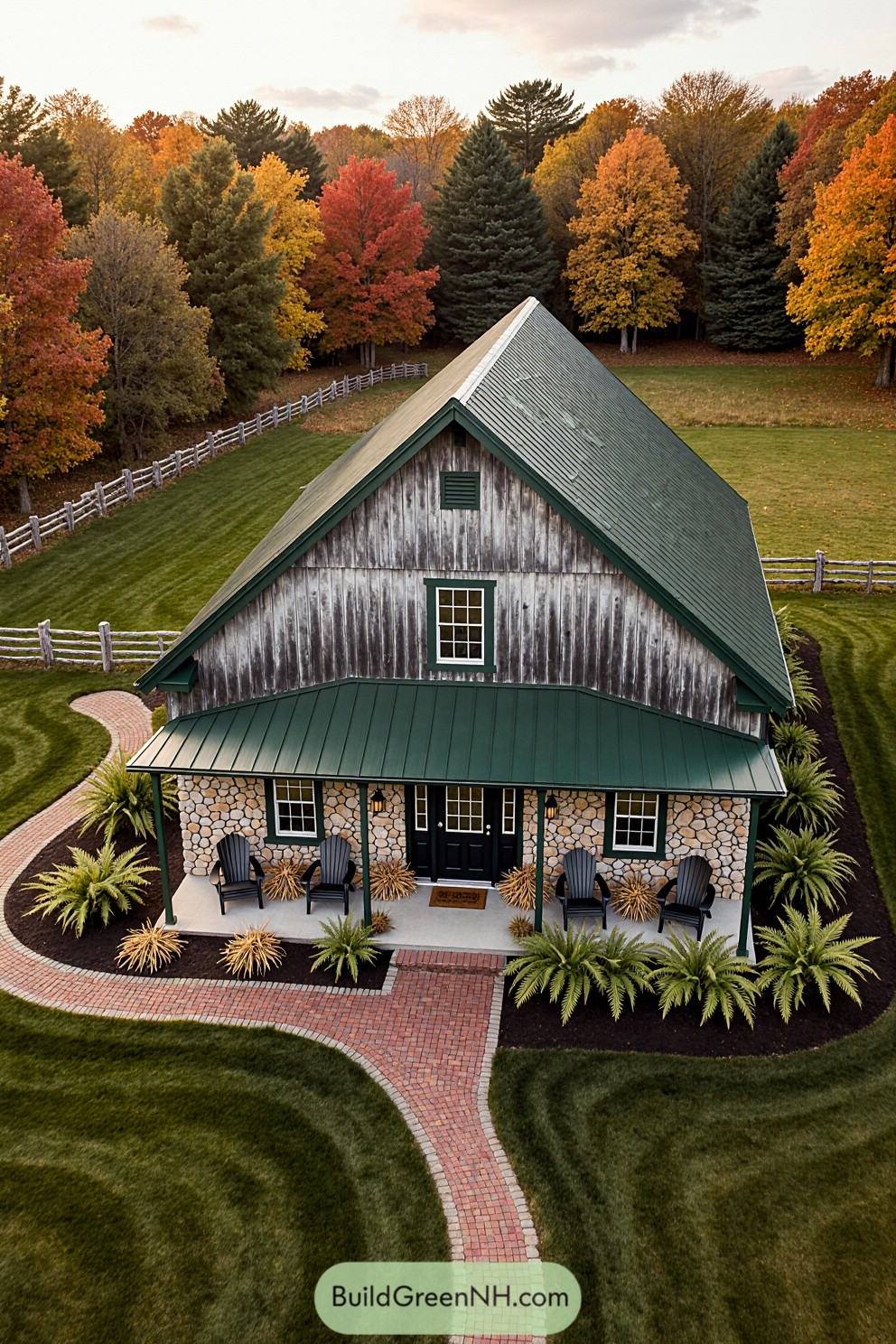 Farmhouse with green roof surrounded by colorful autumn trees