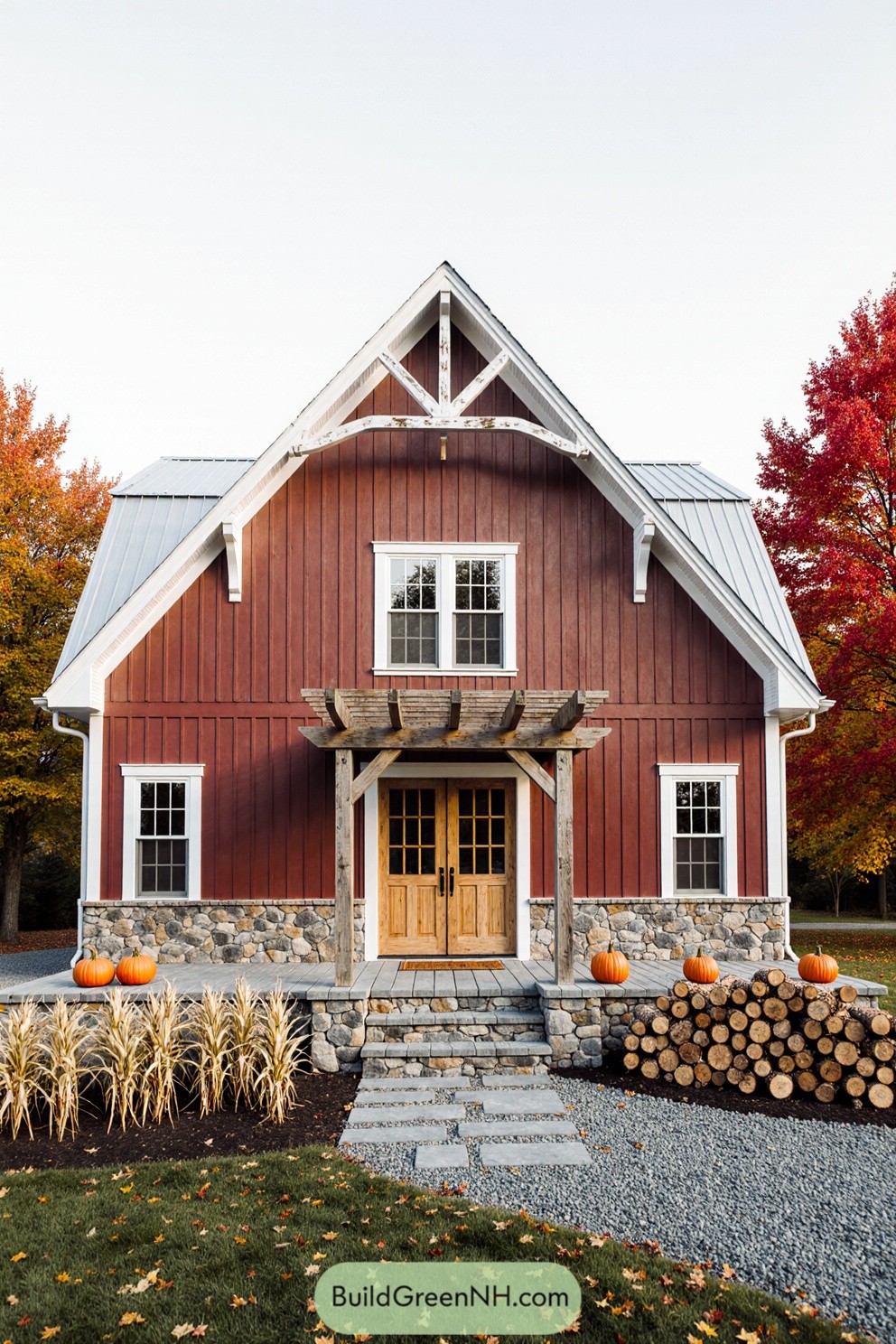 Charming red barn house in fall setting