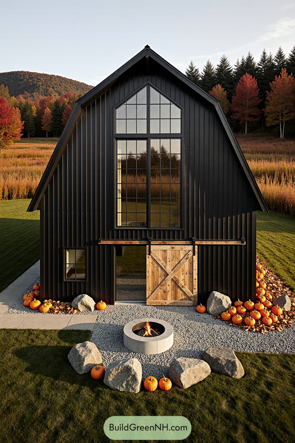 Modern black barn with pumpkins and autumn backdrop