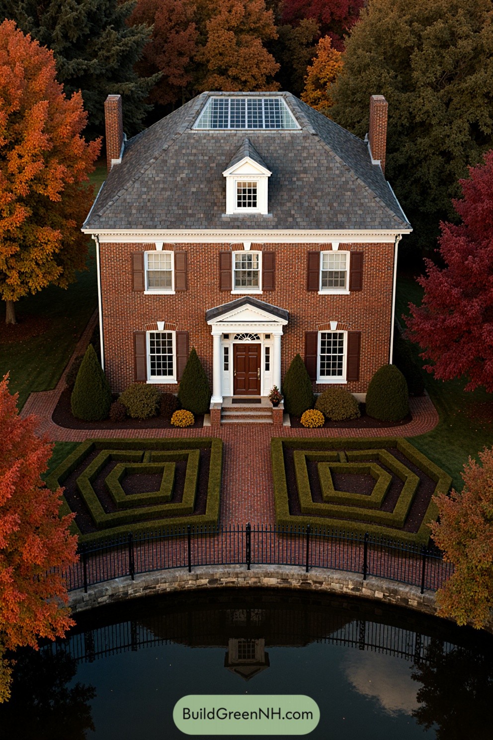 Elegant New England brick house surrounded by vibrant fall foliage
