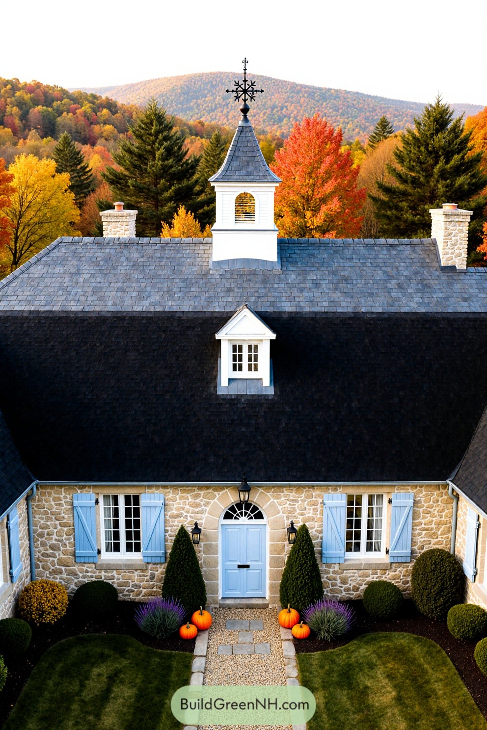 Charming stone cottage surrounded by autumn foliage