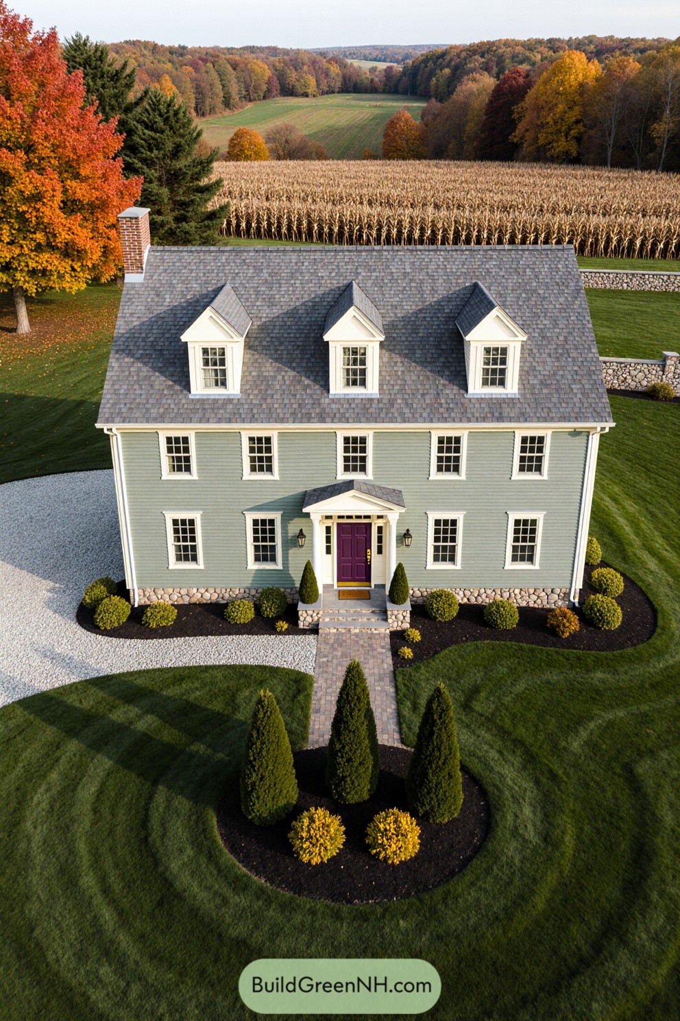 New England farmhouse with trees and fields in autumn