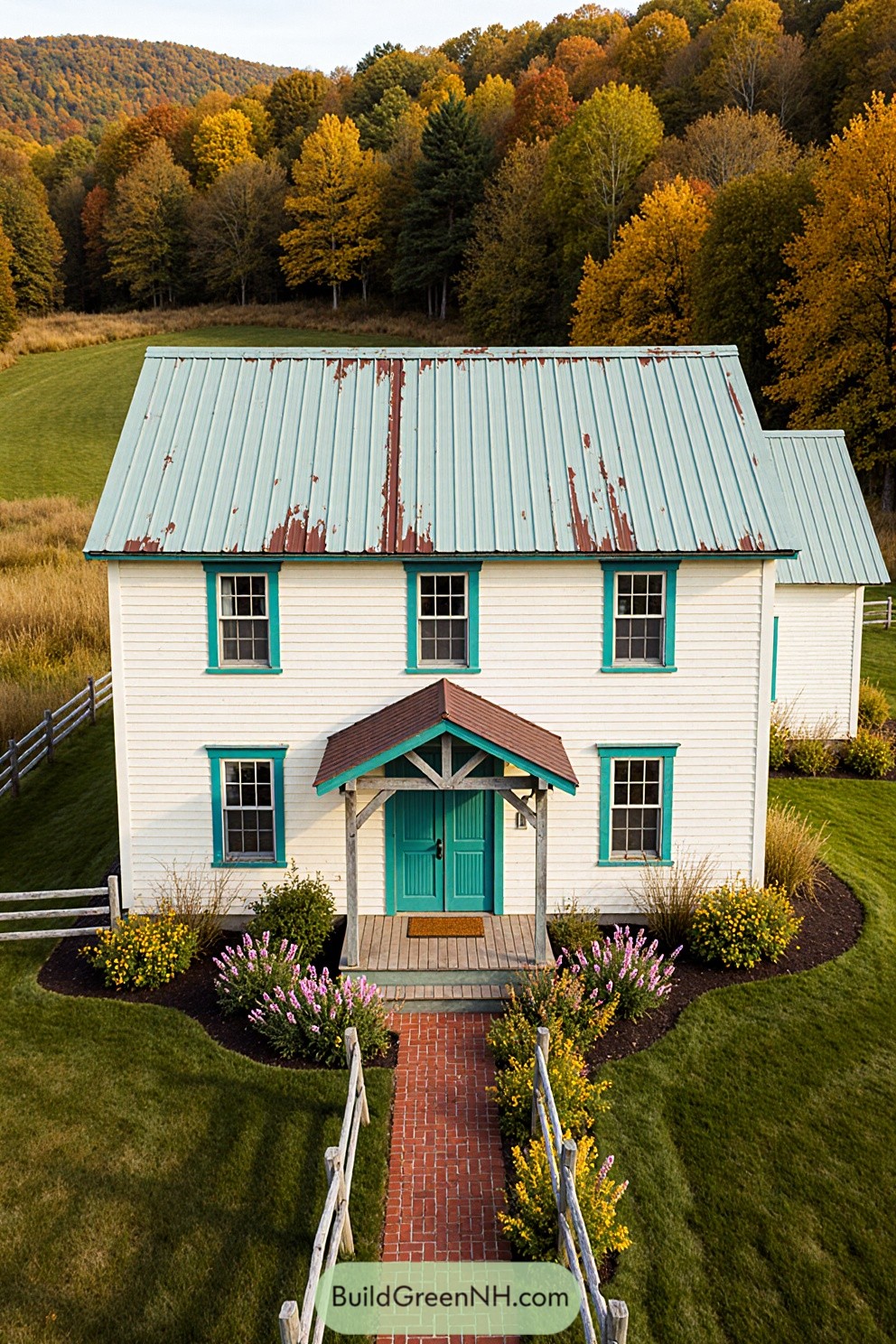 Charming white farmhouse with a rustic teal roof surrounded by vibrant autumn foliage