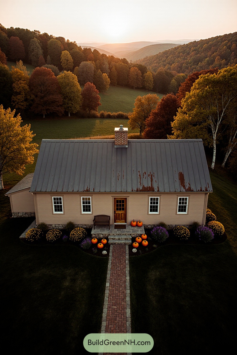 Farmhouse surrounded by colorful fall foliage at sunset