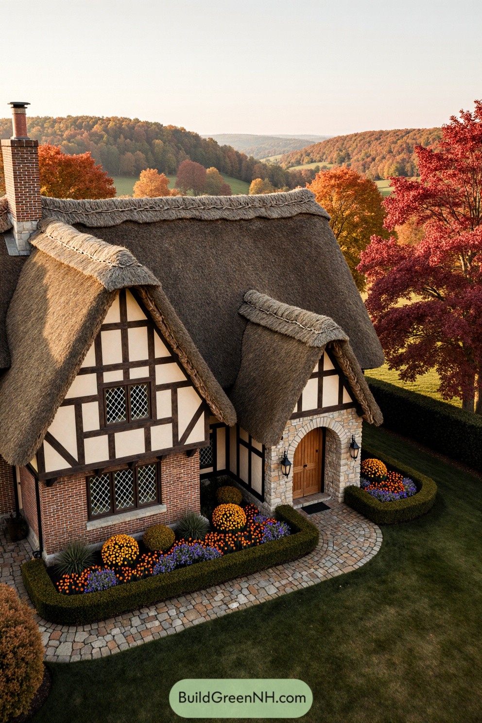 Charming thatched-roof farmhouse with colorful autumn trees in the background