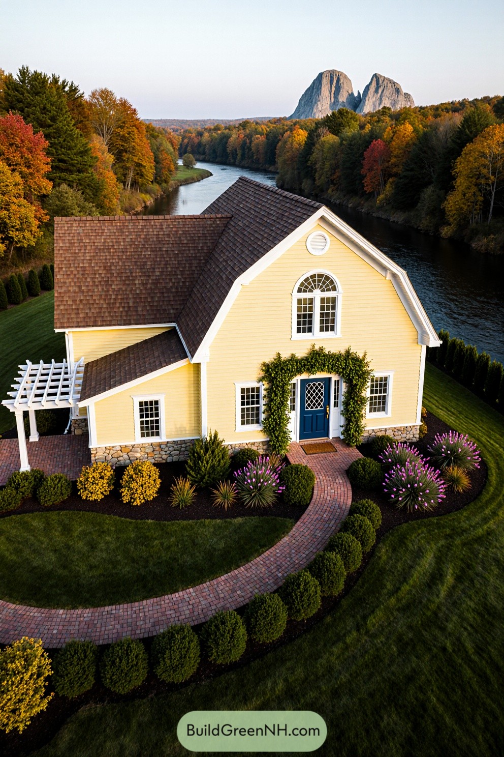 Farmhouse surrounded by vibrant fall trees