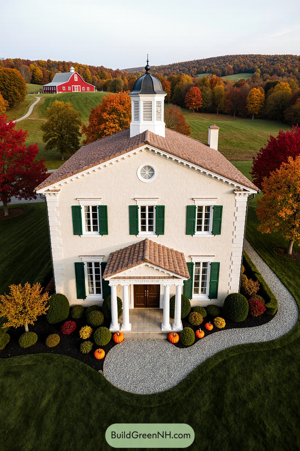 Cream-colored house with green shutters and pumpkins in fall