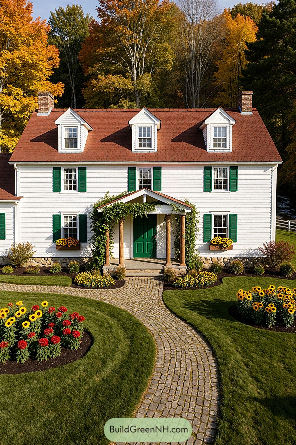 Charming farmhouse with green shutters and red roof amidst autumn trees