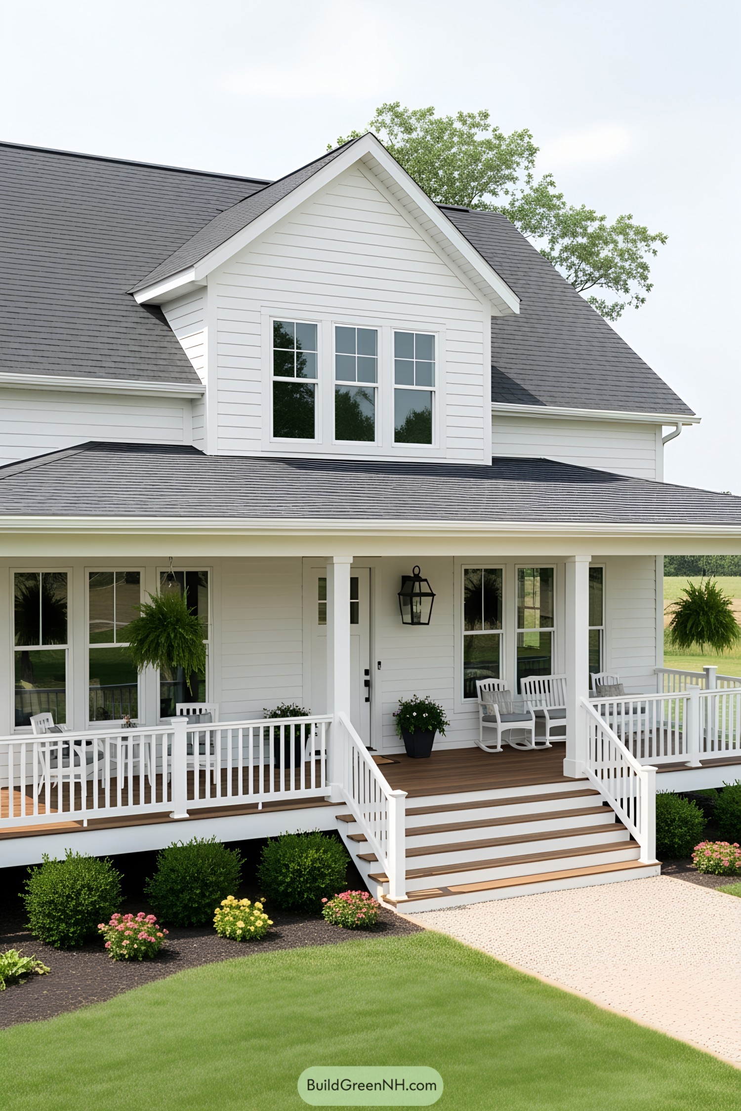 White farmhouse with inviting porch and lush greenery