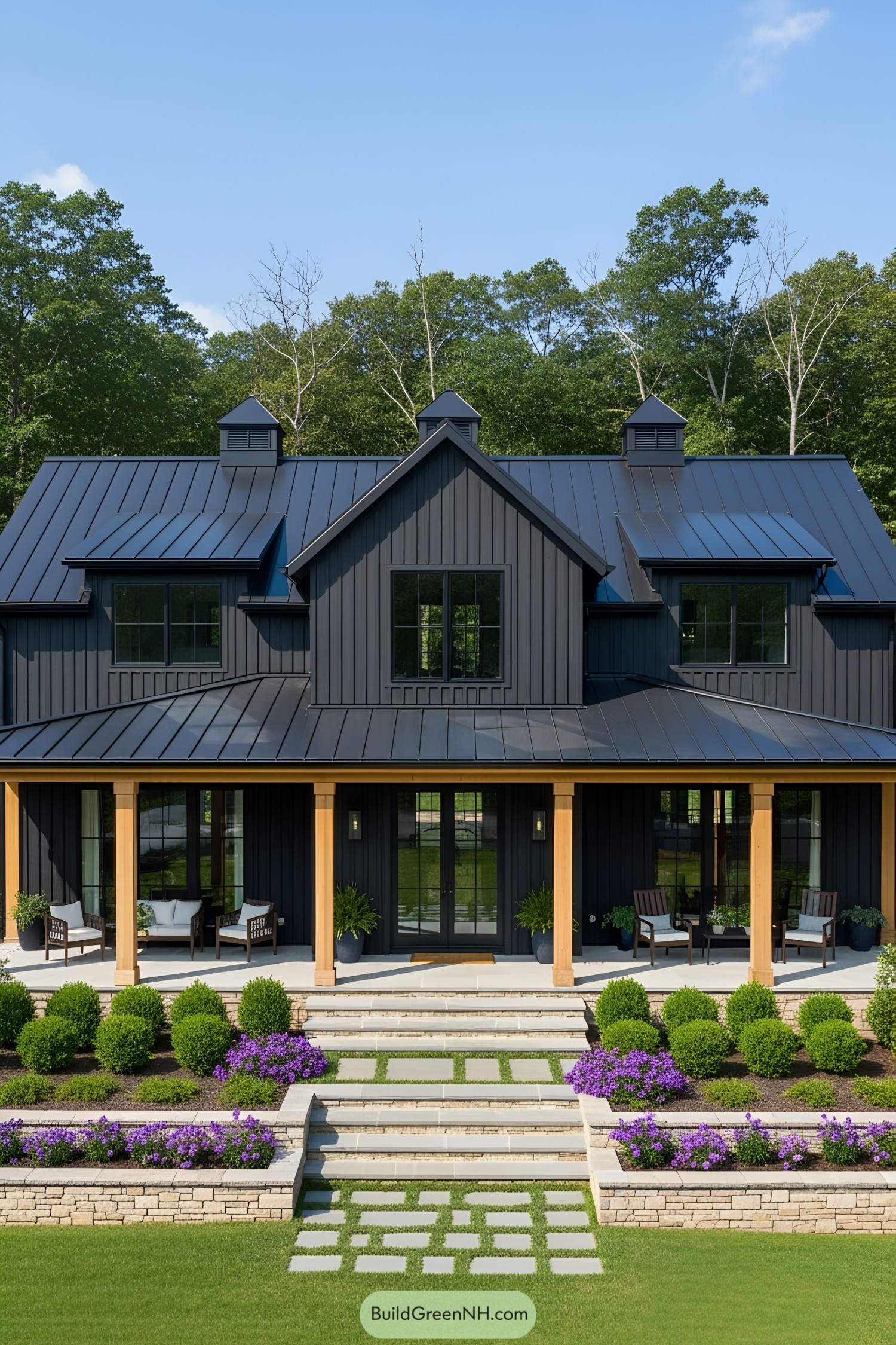 Modern farmhouse with a front porch and lush garden