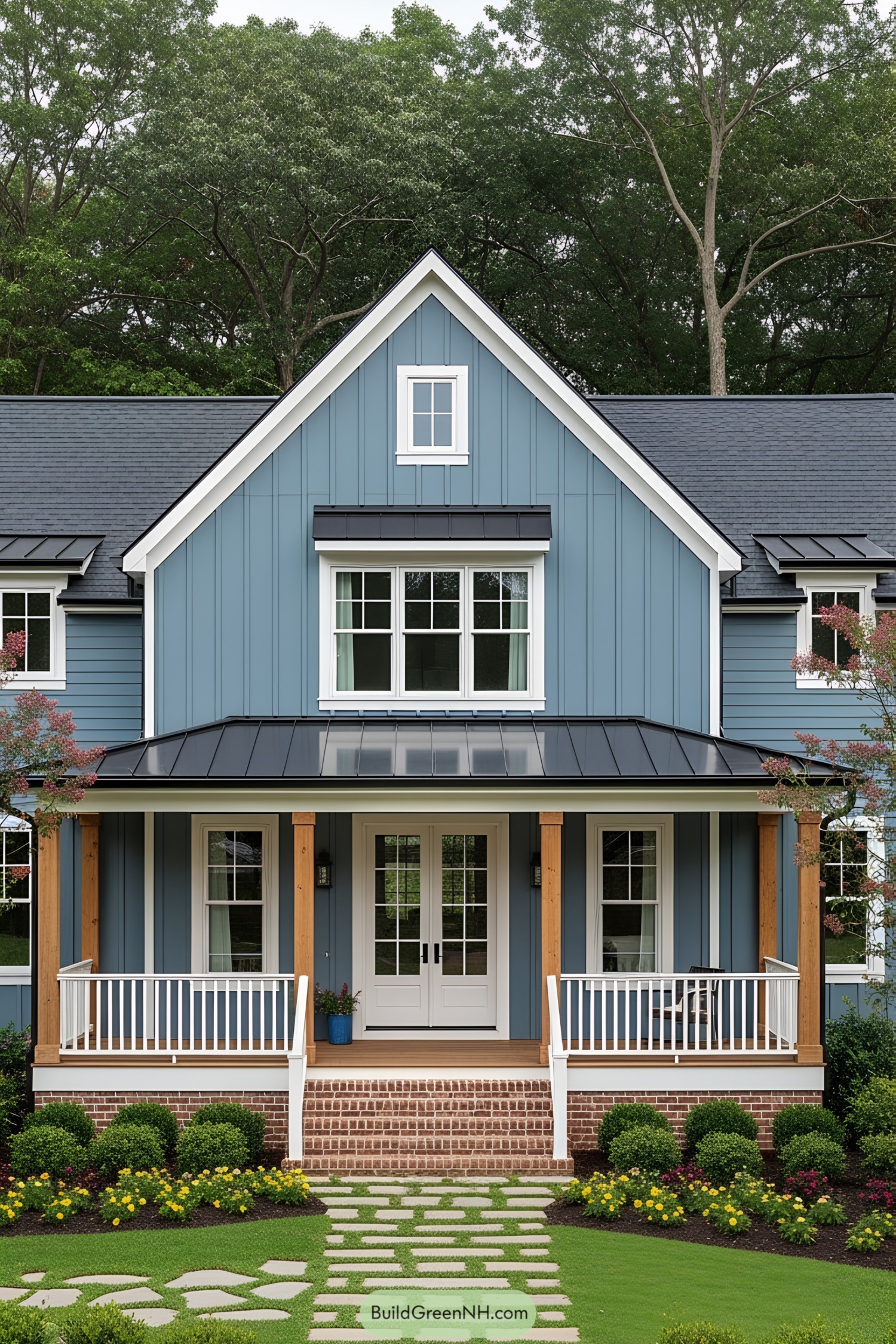 Blue farmhouse with picturesque front porch