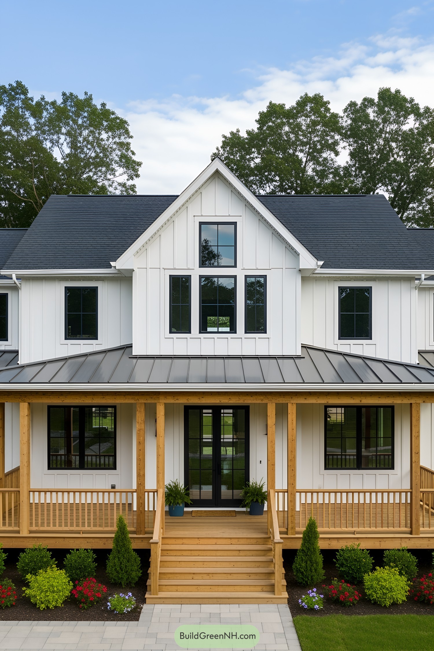 White farmhouse with large wooden porch