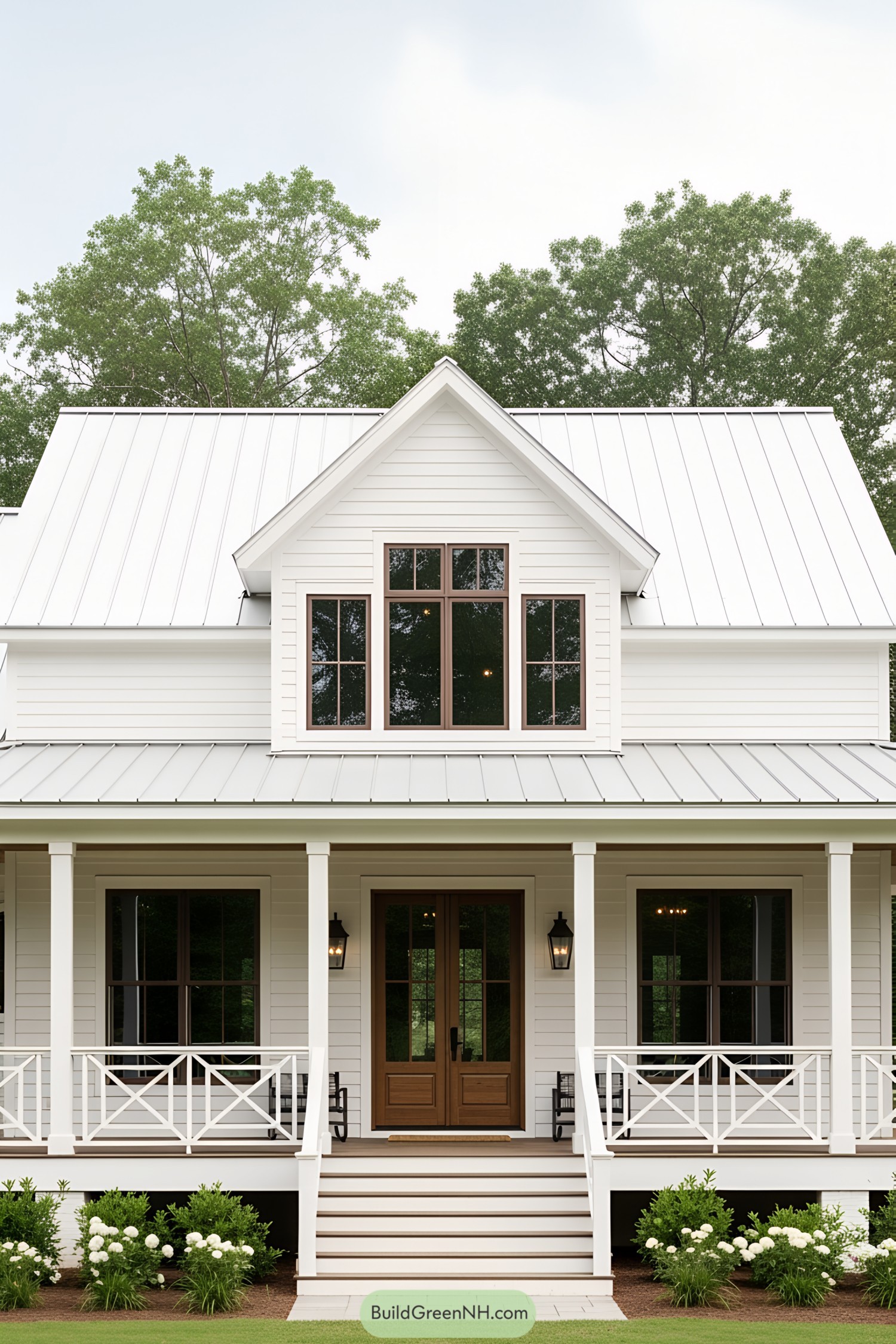 Farmhouse with white porch and charming windows