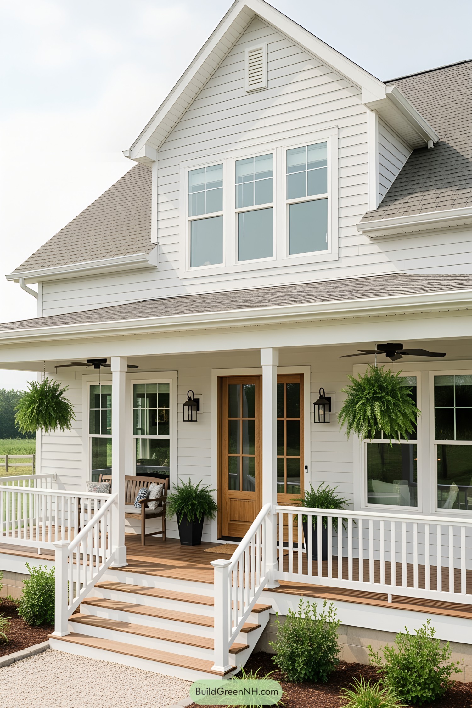 Farmhouse with white exterior and serene porch