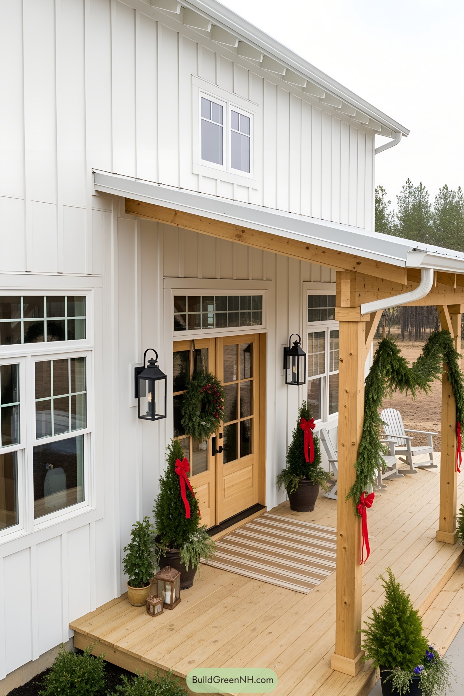 White farmhouse with a decorated porch
