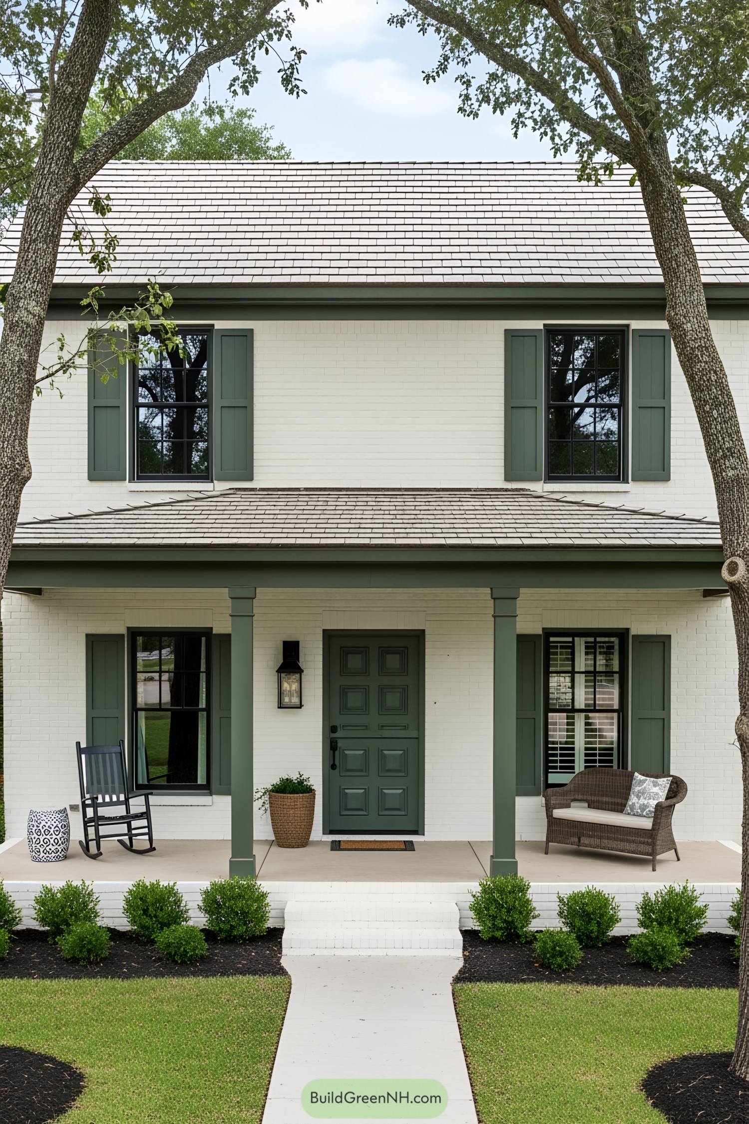 Serene farmhouse porch with green accents