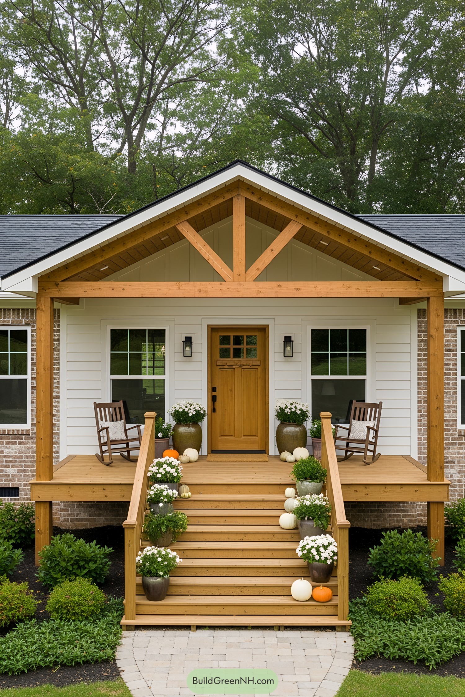 Classic farmhouse porch with rustic accents and rocking chairs
