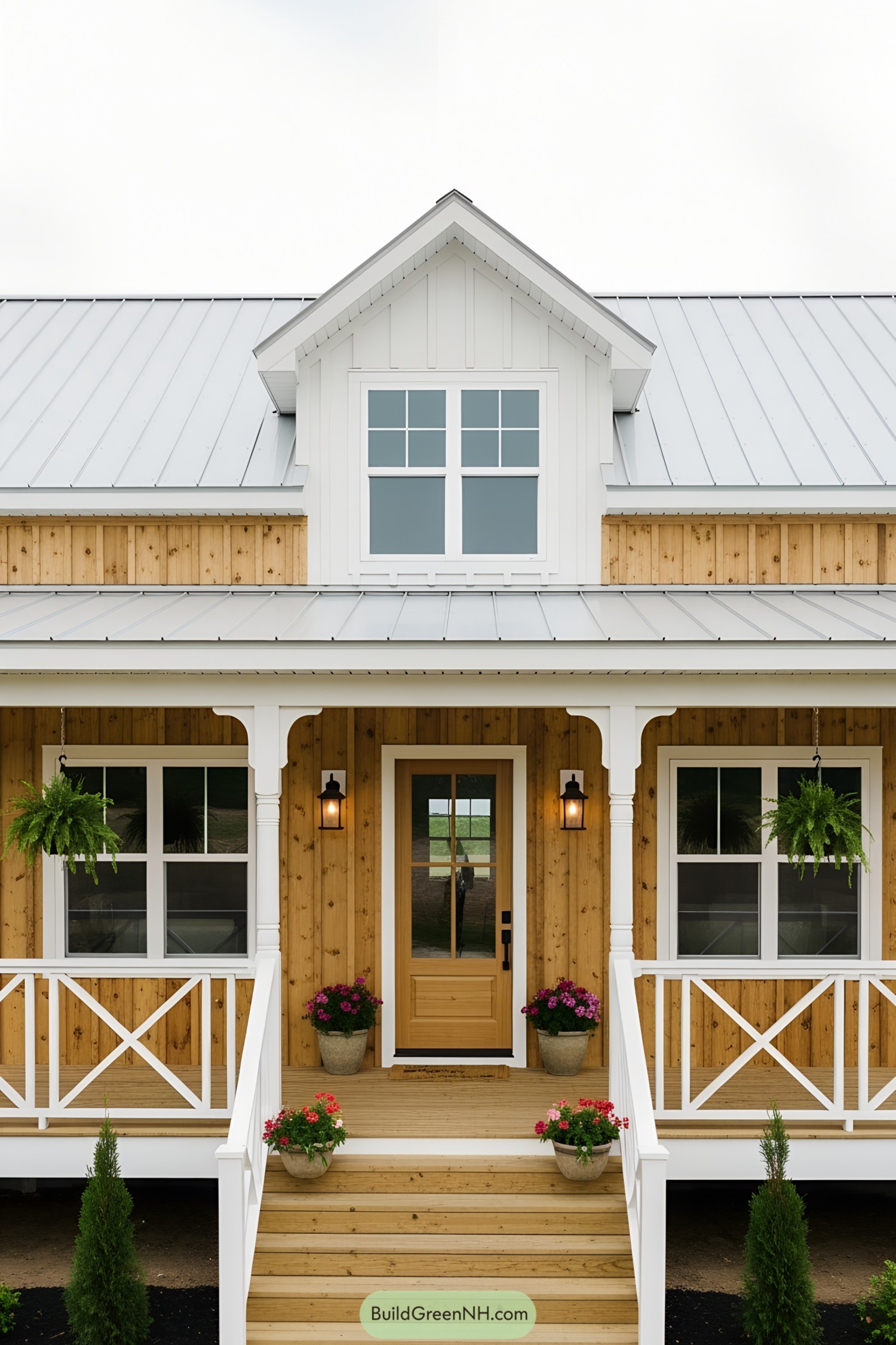 Farmhouse with wooden porch and potted plants