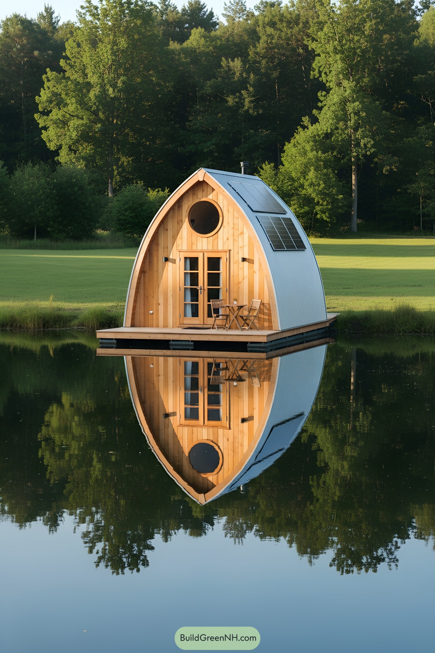 Small wooden house floating peacefully on a reflective pond